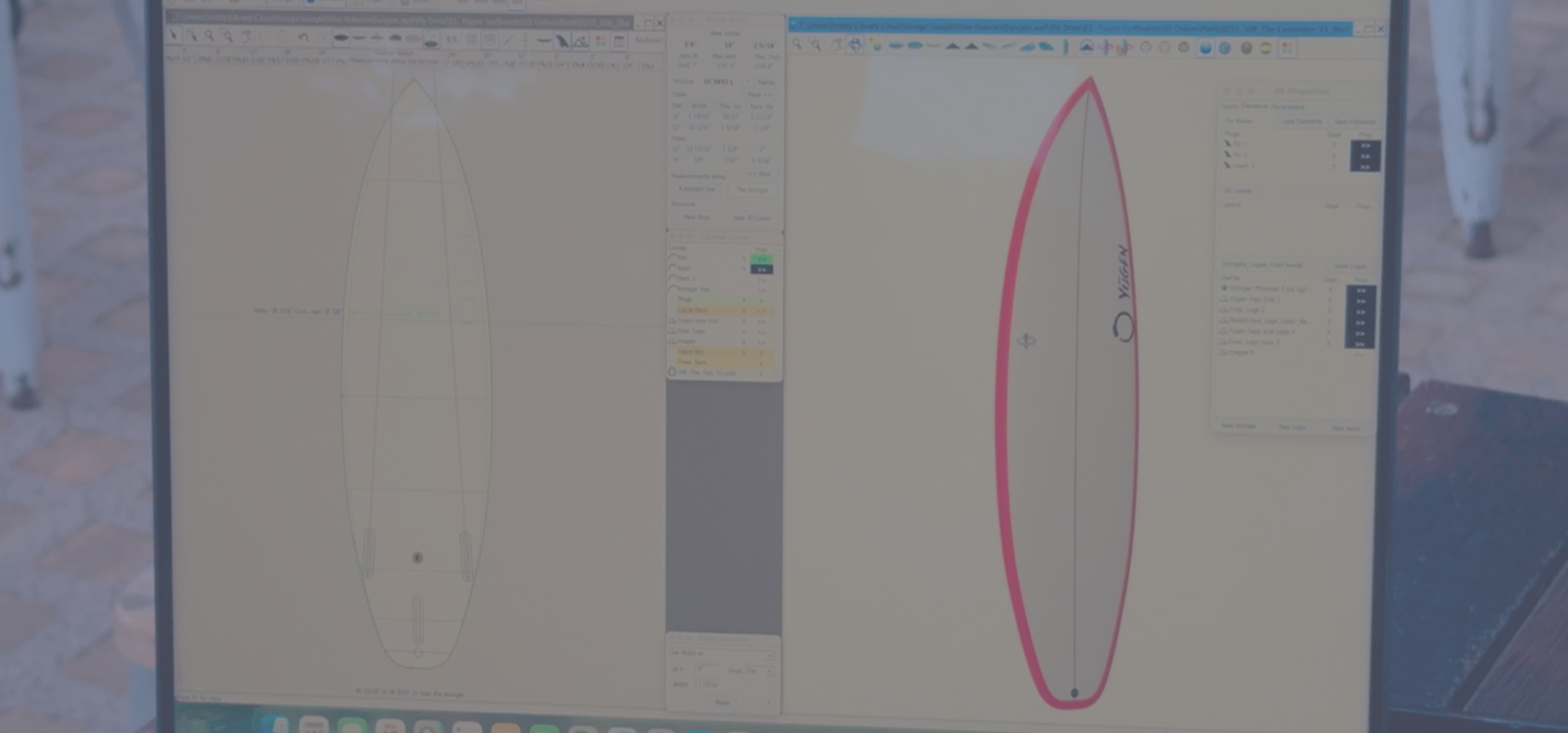 Board design software showing surfboard outline and annotations